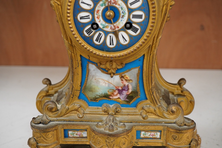 A 19th century French gilt metal mantel clock in Sevres style with gilt wood stand, 40cm total height